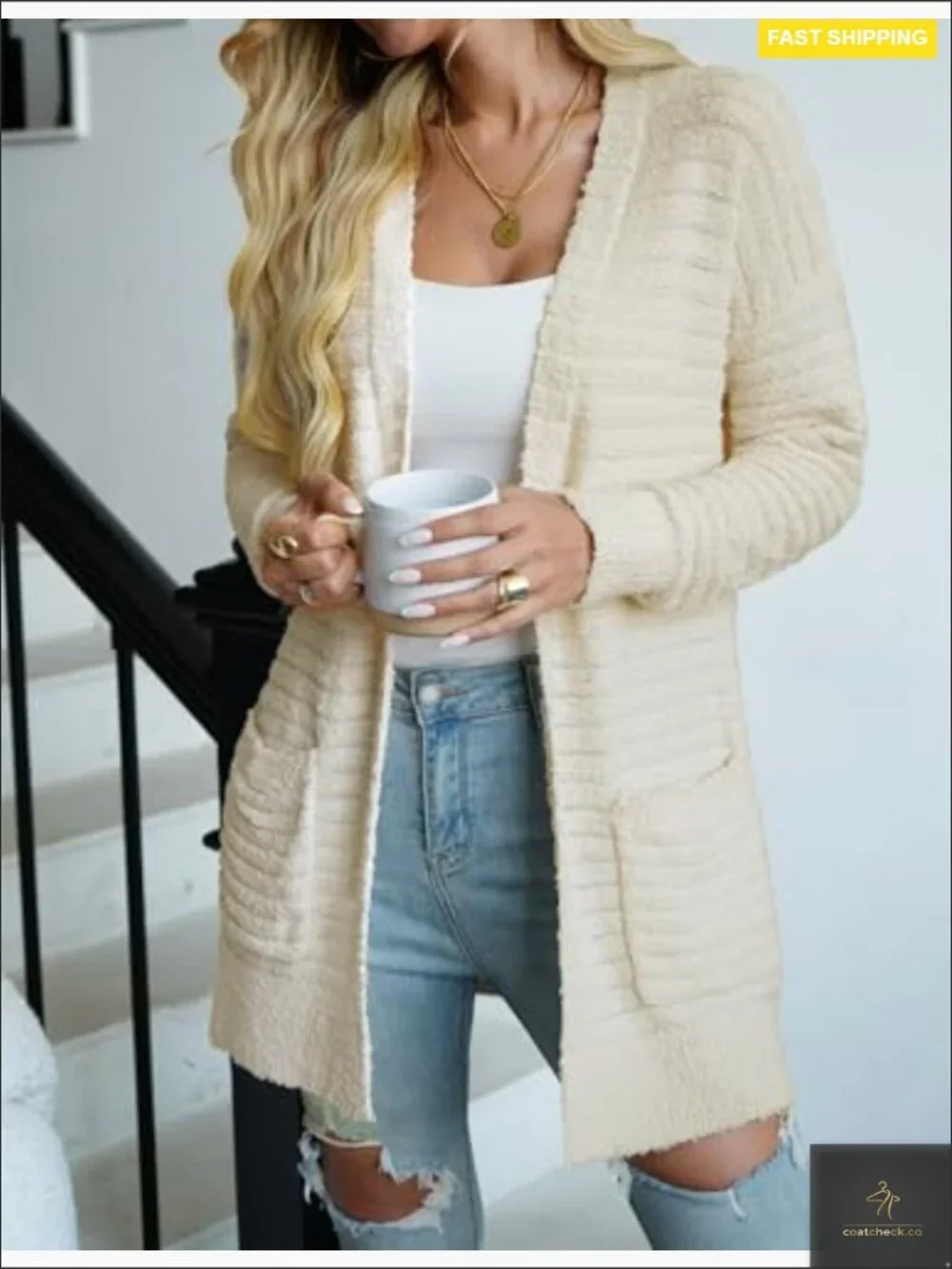 Women Open Front Fuzzy Knit Cardigan with Pockets Long Sleeve Chunky Sweater